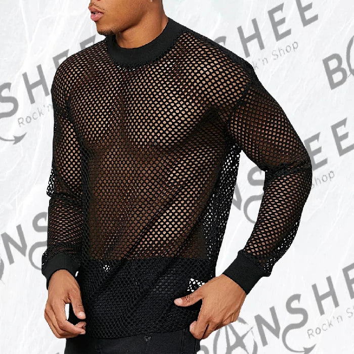 Pull résille noir pour homme à manches longues en maille ajourée