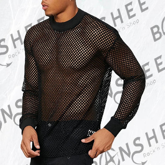 Pull résille noir pour homme à manches longues en maille ajourée